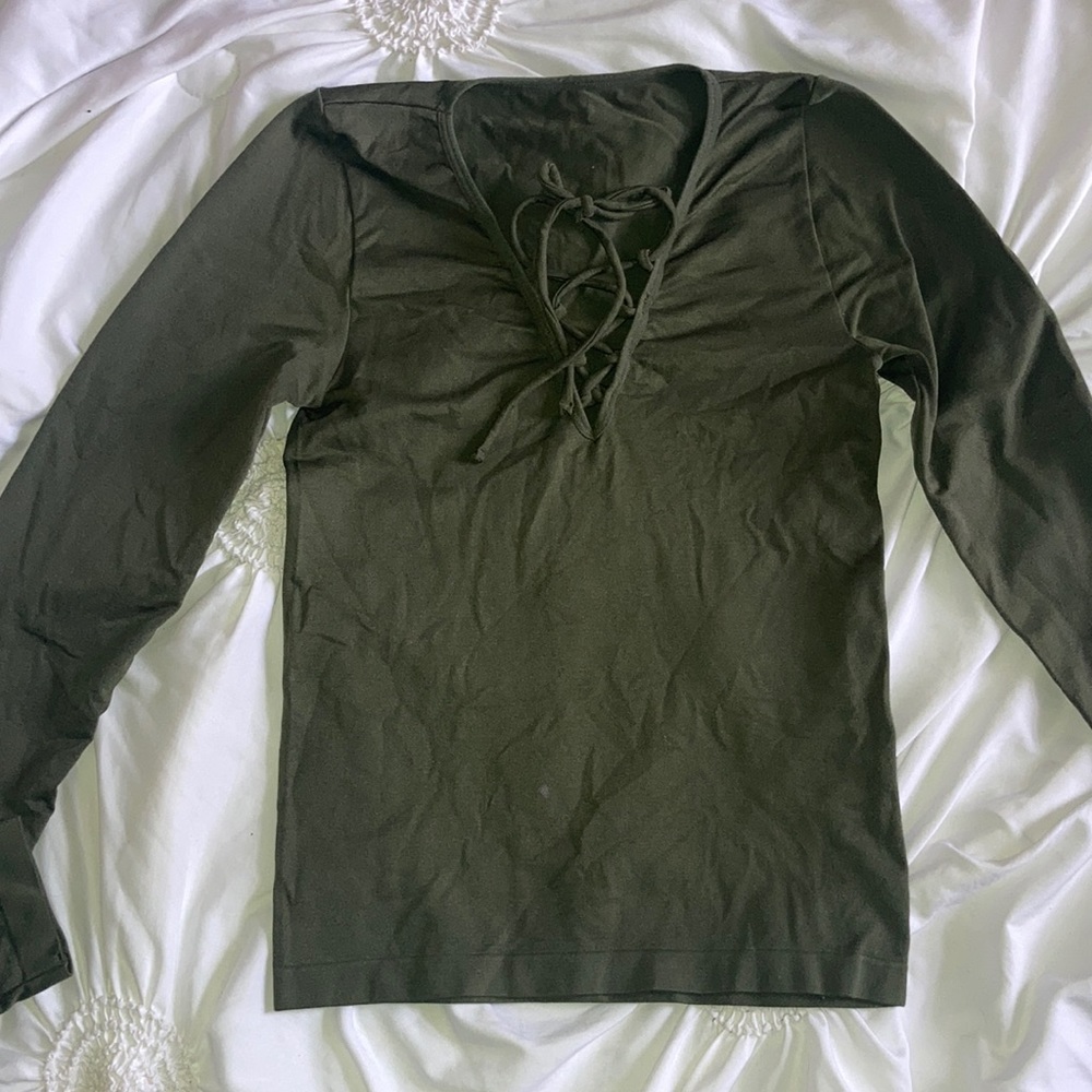 Olive green cross neck long sleeve shirt